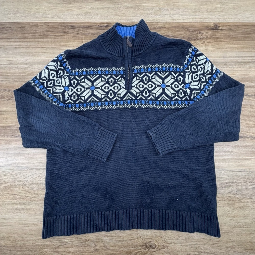 LL Bean Mens L Navy Blue Fair Isle Snowflake 1/4 Zip Cotton Sweater 291645